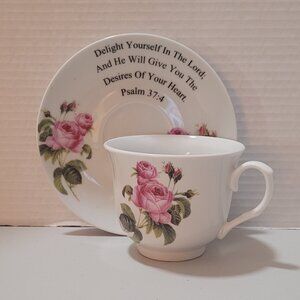 Cup & Saucer KENT POTTERY Psalm 37:4 Pink Roses Buds Leaves Lrg Cup Lovely Gift!